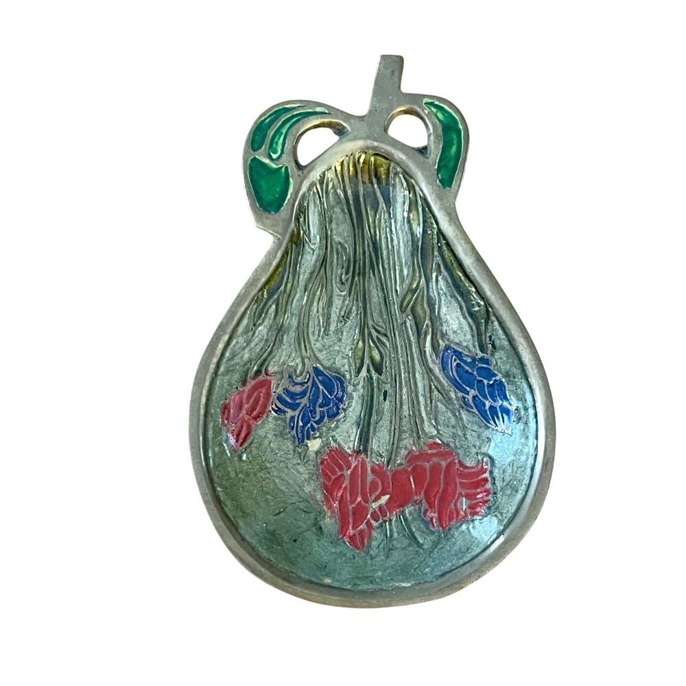 Vintage Brass Home Decor Enamel Trinket Dish Pear Shape Design Art Nouveau